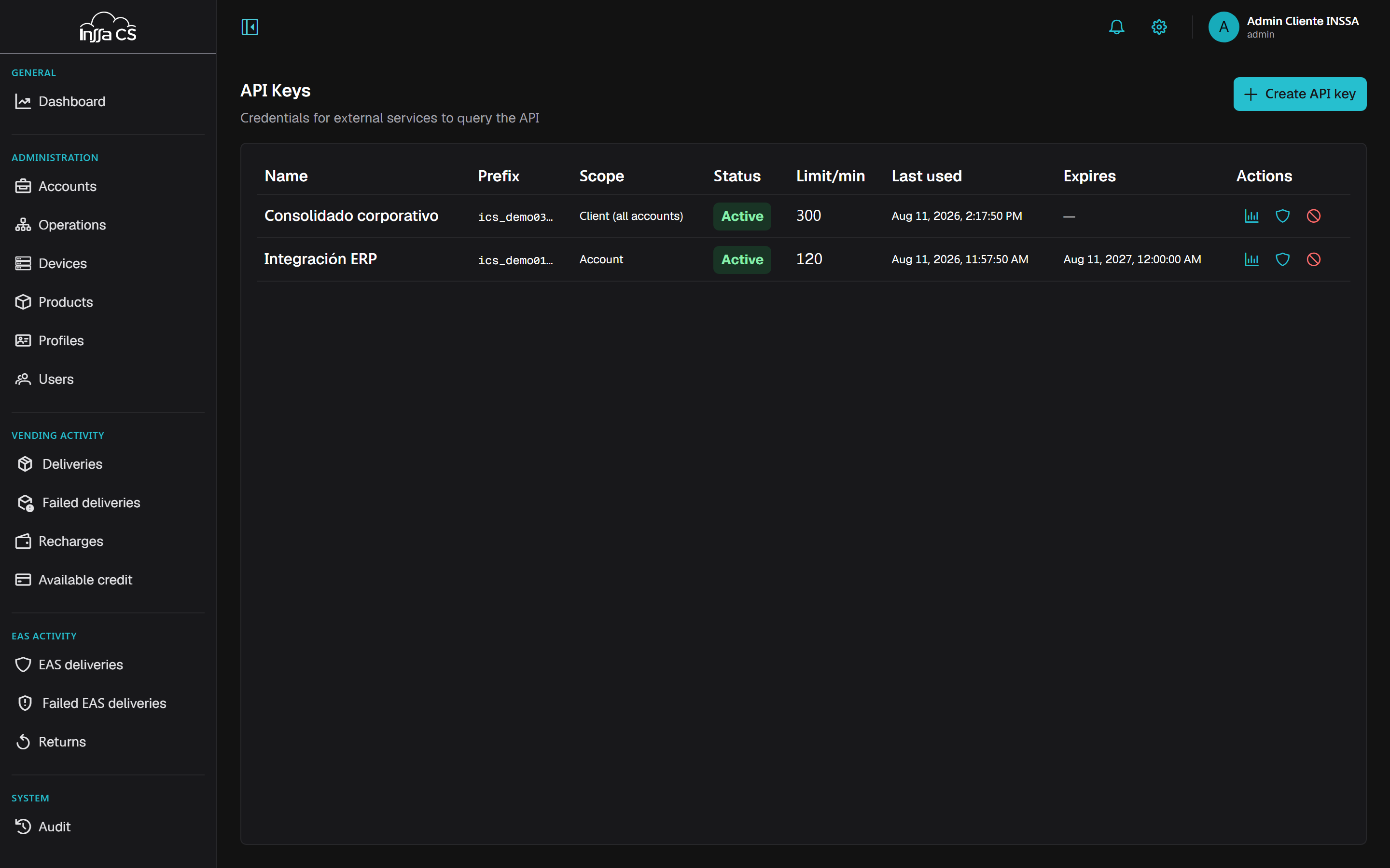 API keys list