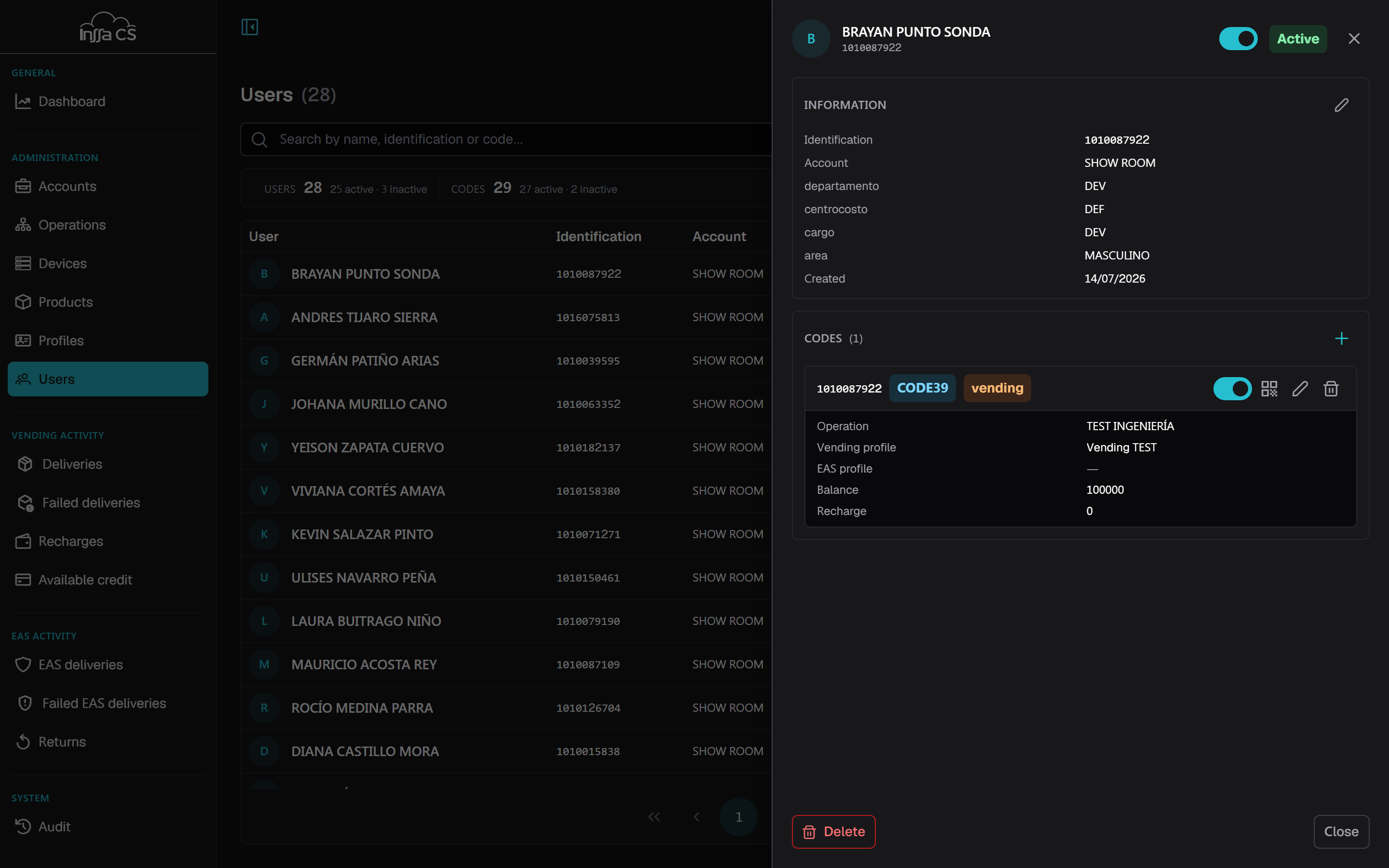 User detail panel with their codes