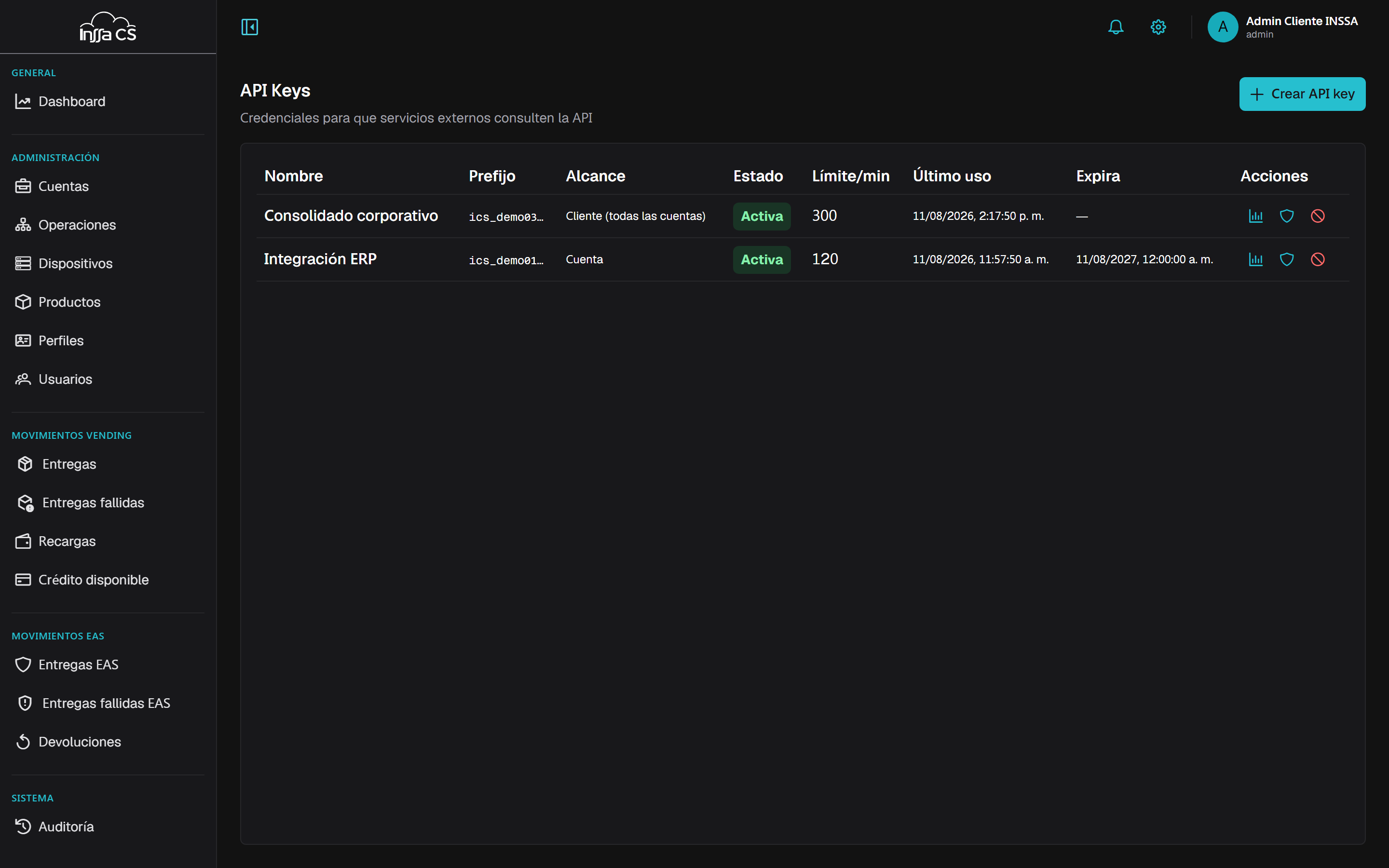 Lista de API keys