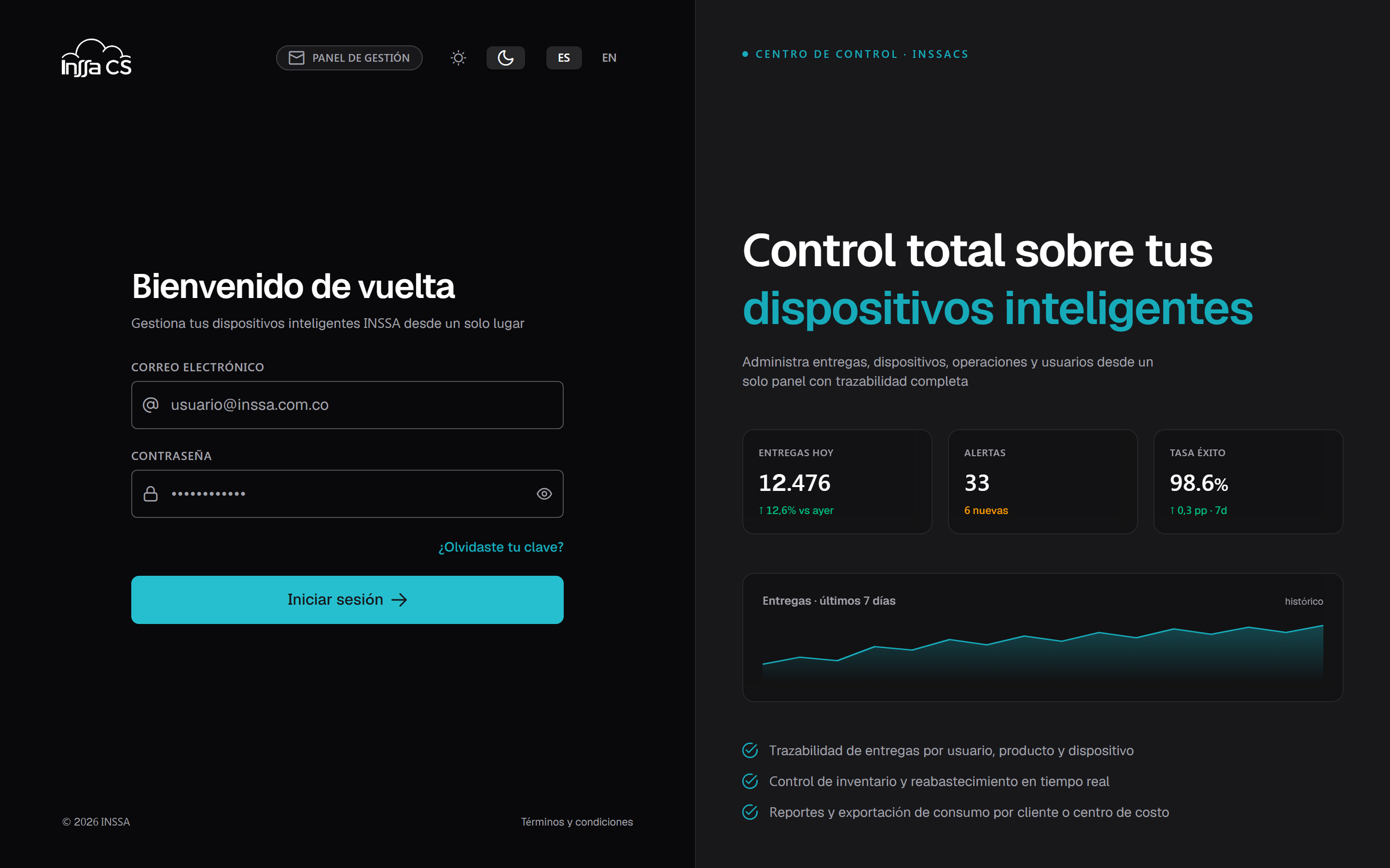 Pantalla de inicio de sesión de INSSACS