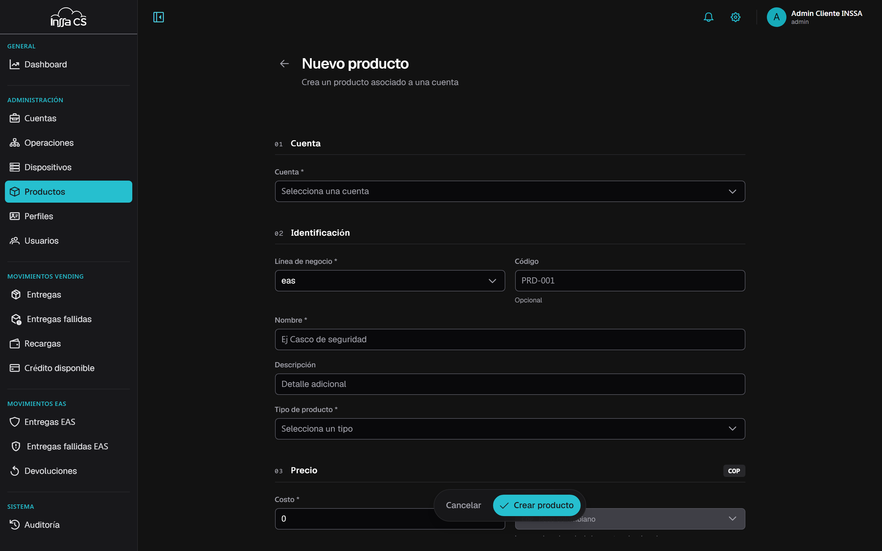 Formulario de nuevo producto