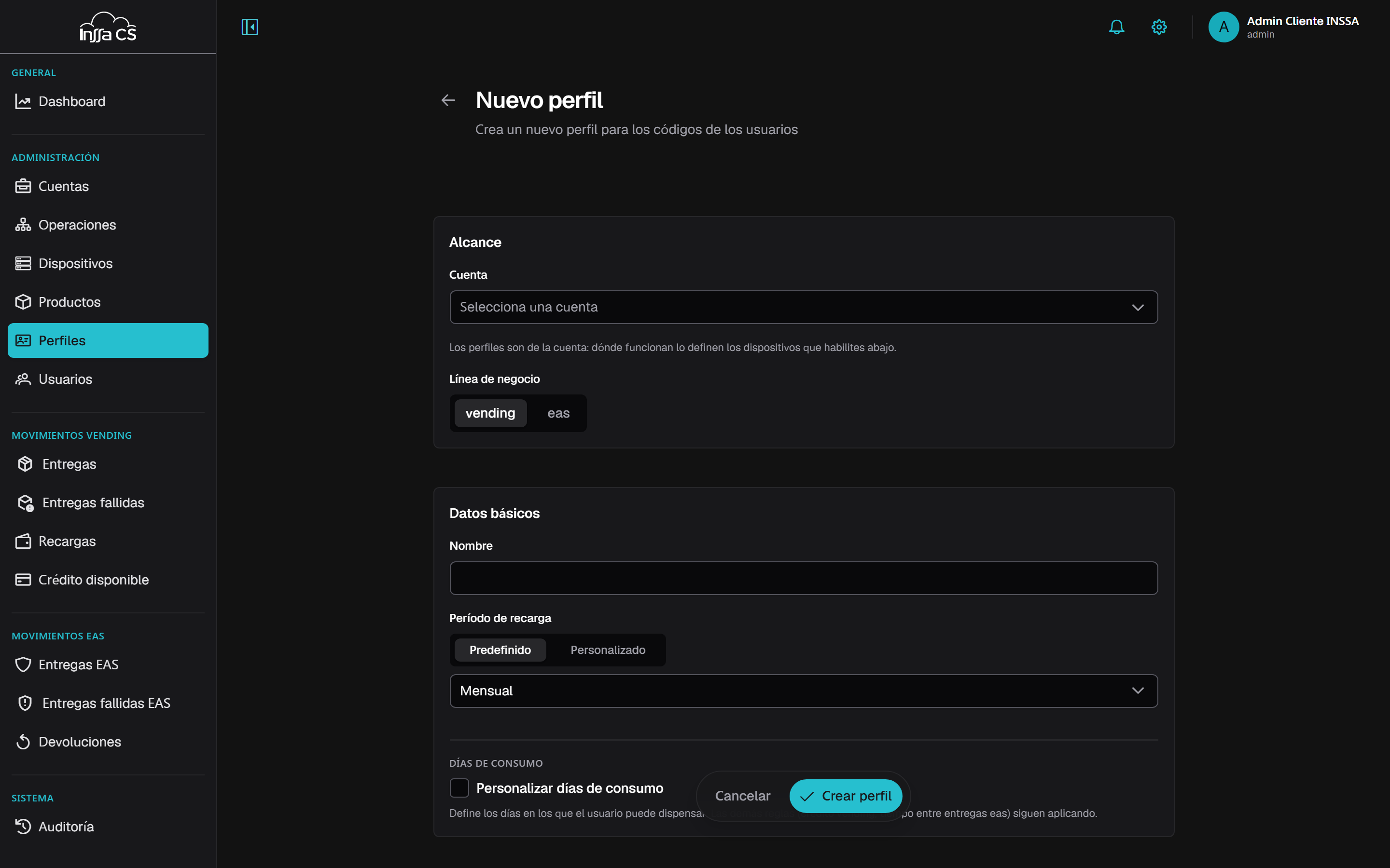 Formulario de nuevo perfil