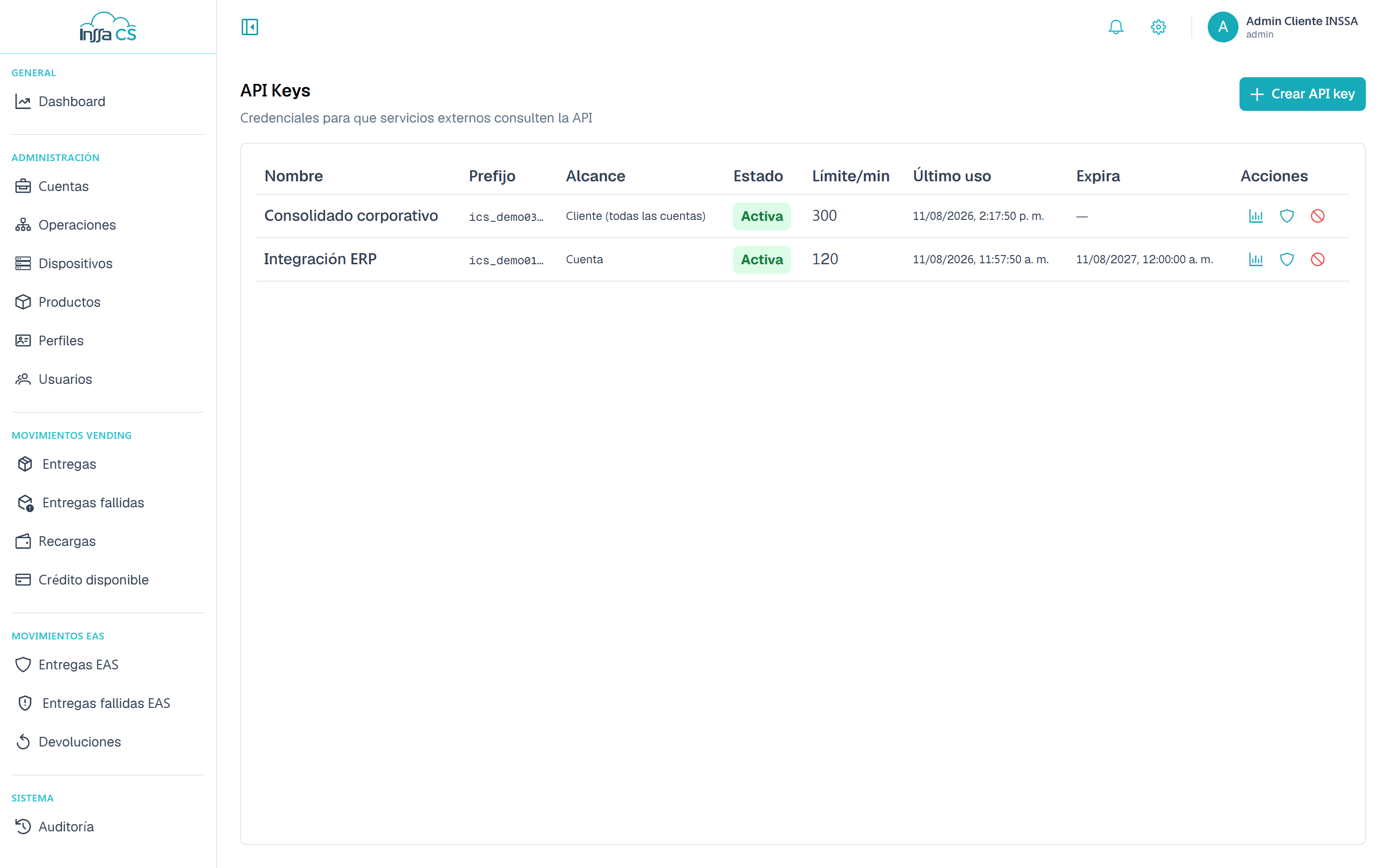 Lista de API keys
