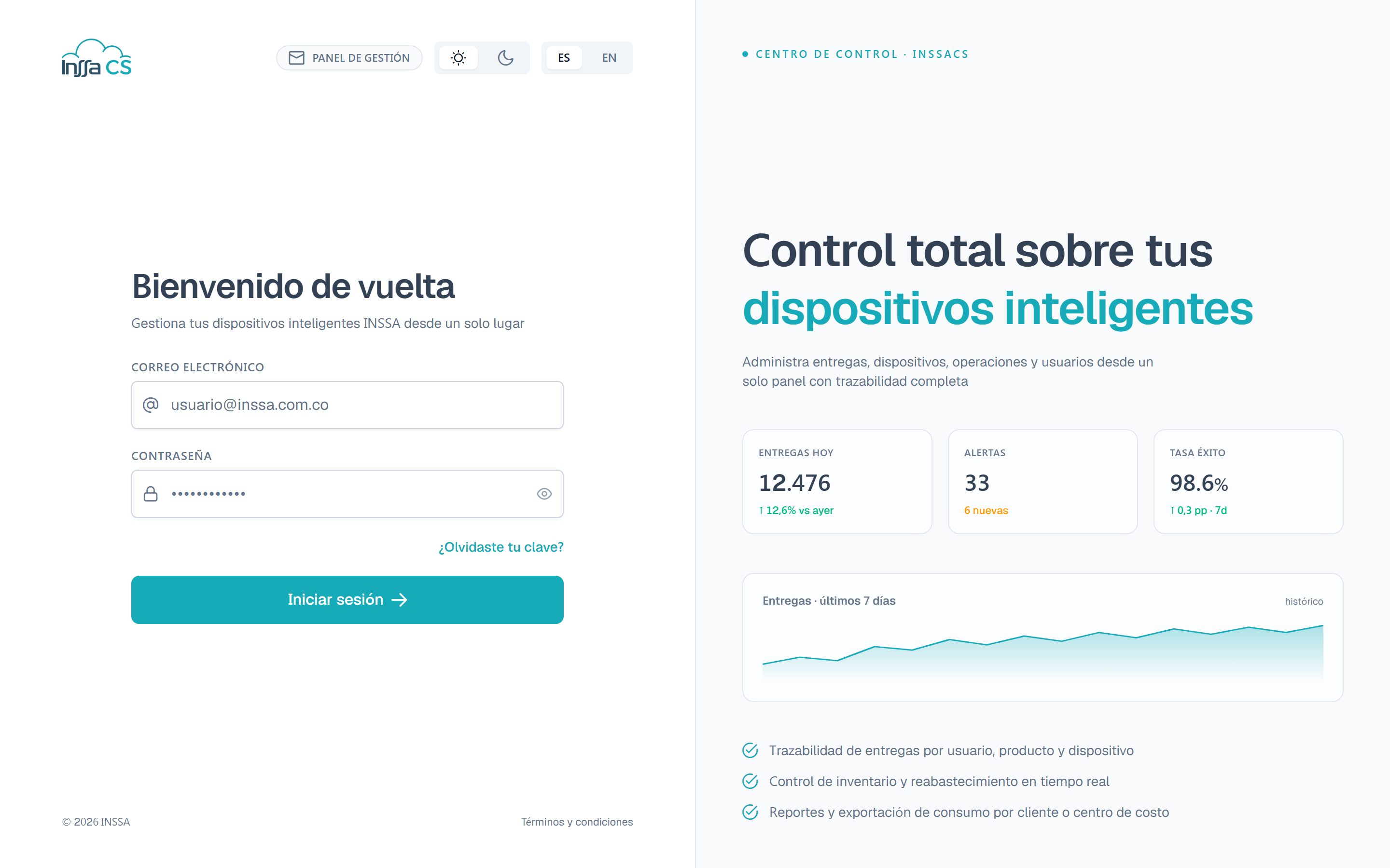 Pantalla de inicio de sesión de INSSACS