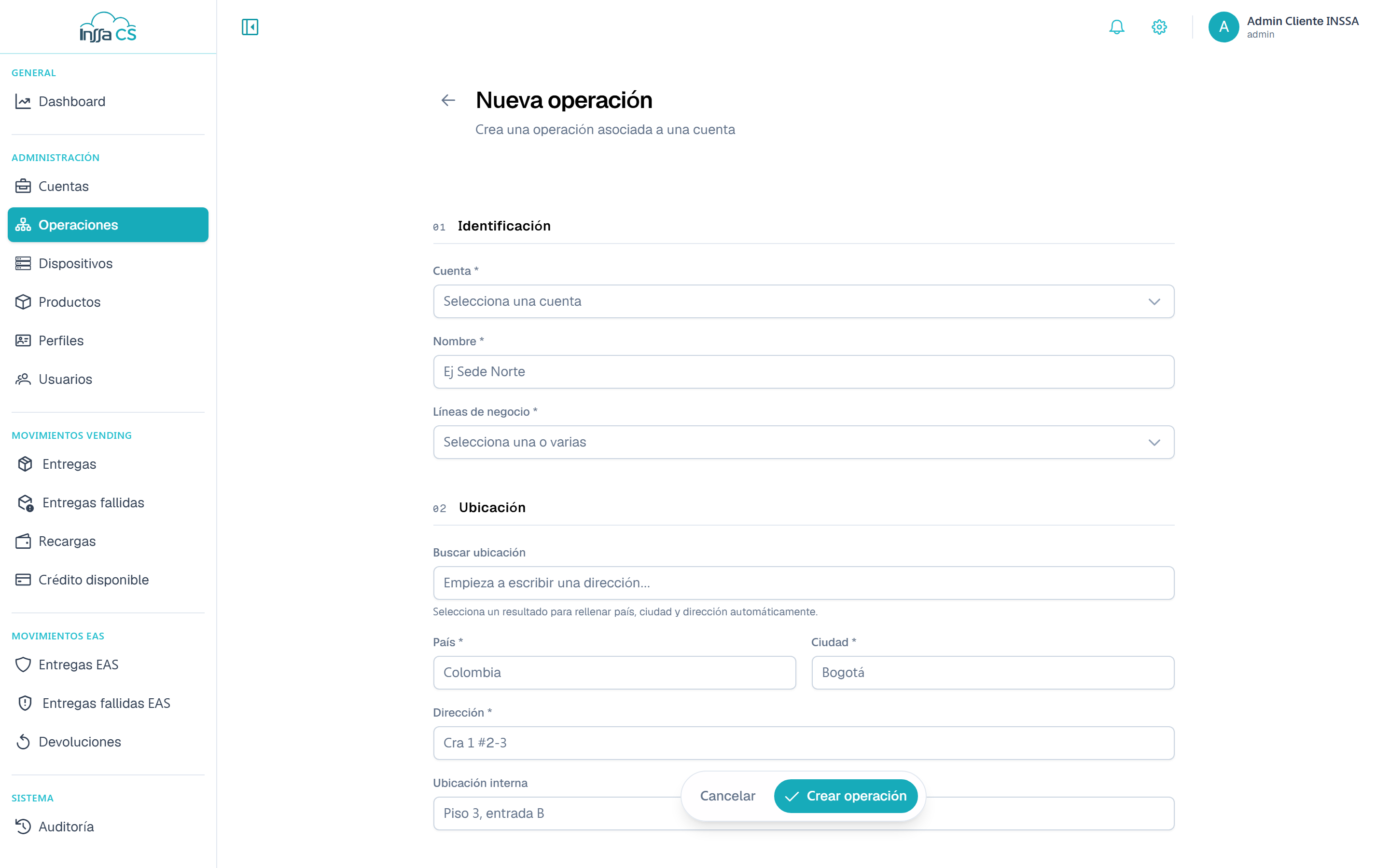 Formulario de nueva operación