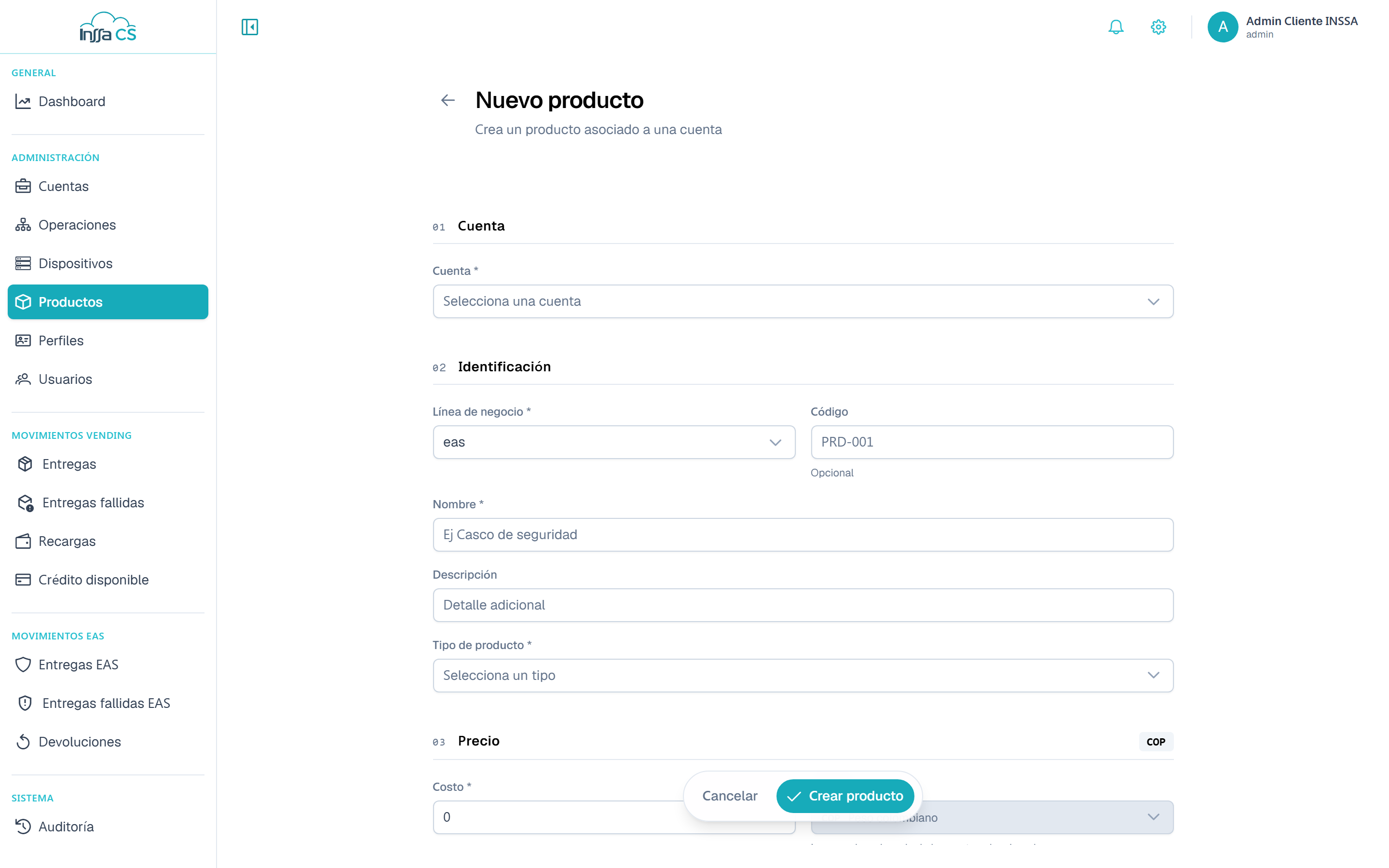 Formulario de nuevo producto